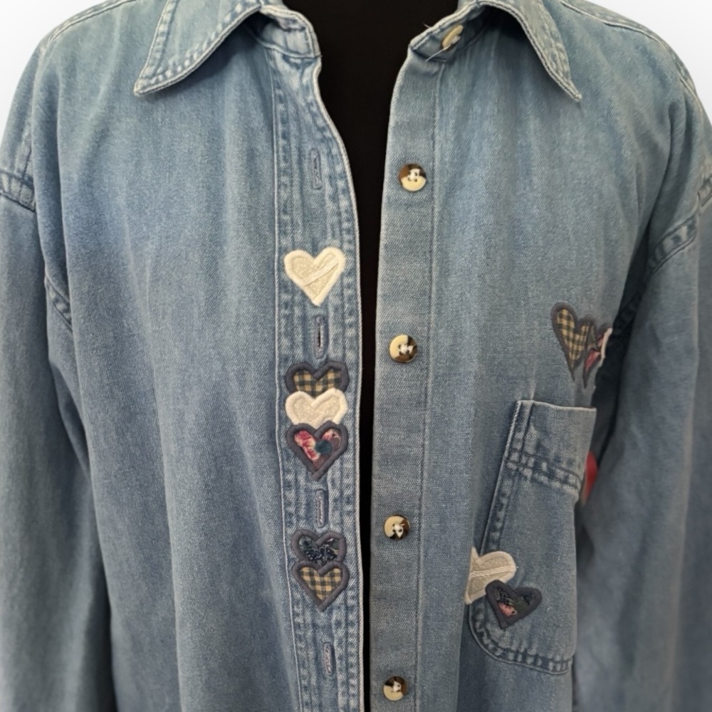 Vintage Sunbelt Denim Cottagecore Button Down Shirt Embroidered Hearts Size M